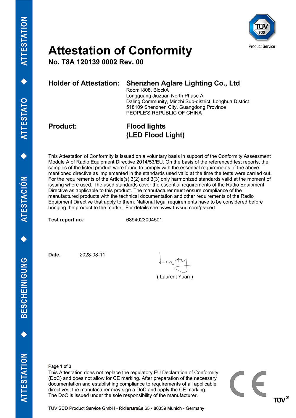 RGB LED 投光灯 TUV CE-EMC